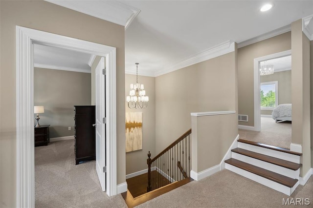13750 Stonemont Ct, Town And Country, MO 63131 - stairs with carpet floors, ornamental molding, a chandelier, baseboards, and recessed lighting