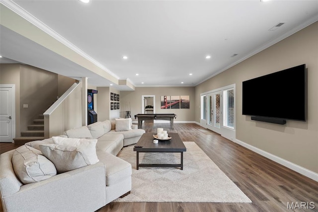 13750 Stonemont Ct, Town And Country, MO 63131 - living area featuring wood finished floors, recessed lighting, baseboards, stairs, and crown molding