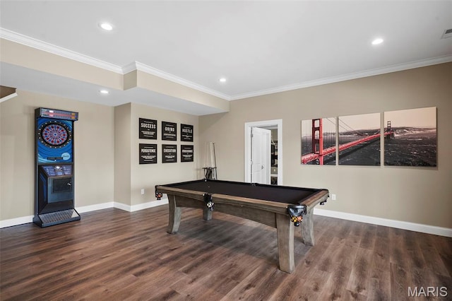13750 Stonemont Ct, Town And Country, MO 63131 - recreation room featuring crown molding, billiards, baseboards, wood finished floors, and recessed lighting