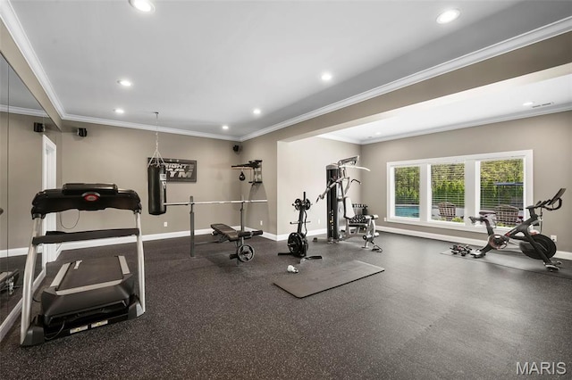13750 Stonemont Ct, Town And Country, MO 63131 - workout room featuring baseboards, recessed lighting, and ornamental molding