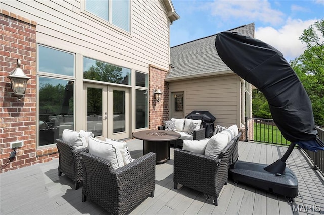 13750 Stonemont Ct, Town And Country, MO 63131 - deck featuring french doors, an outdoor living space with a fire pit, and grilling area