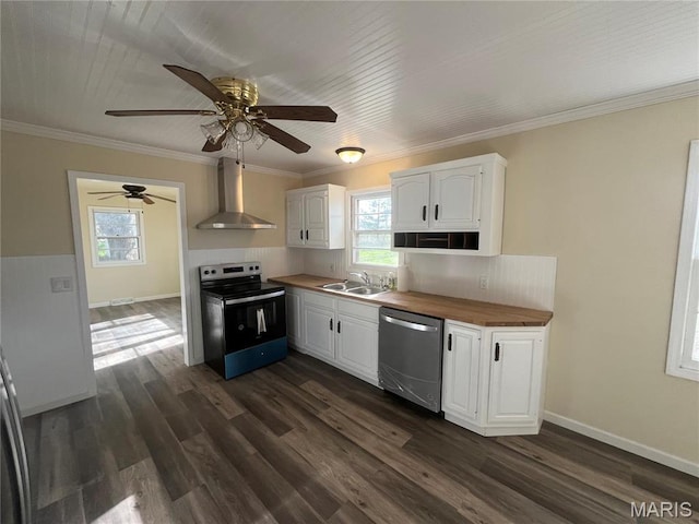 503 N Louise Ave, St James, MO 65559 - kitchen with electric range, stainless steel dishwasher, wall chimney range hood, a sink, and butcher block countertops