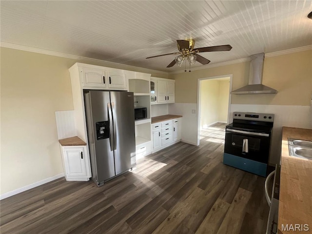 503 N Louise Ave, St James, MO 65559 - kitchen featuring stainless steel fridge with ice dispenser, range with electric stovetop, wall chimney range hood, dark wood-style flooring, and crown molding
