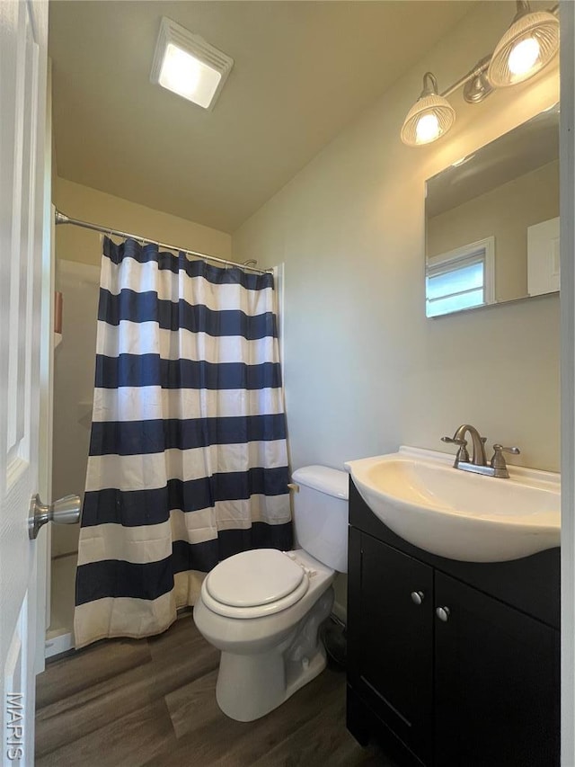503 N Louise Ave, St James, MO 65559 - bathroom with wood finished floors, toilet, vanity, and a shower with curtain