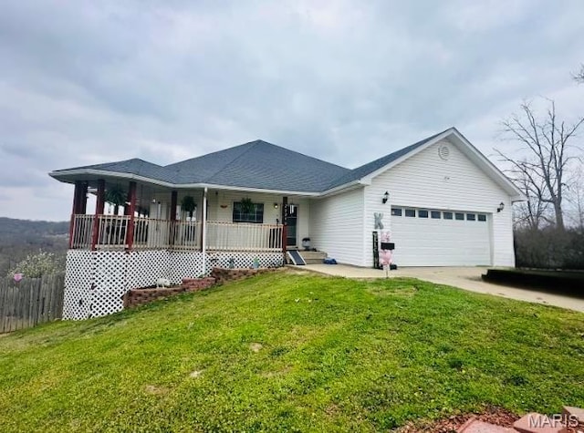 20270 Hyatt Ln, Saint Robert, MO 65584 - ranch-style house featuring a porch, a garage, and concrete driveway