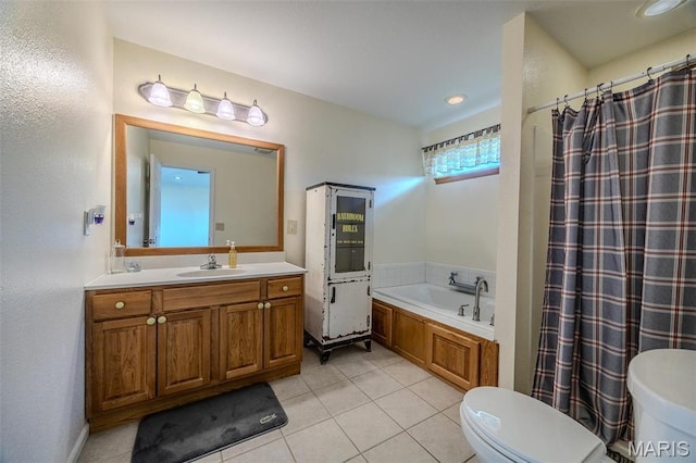 20270 Hyatt Ln, Saint Robert, MO 65584 - bathroom featuring toilet, tile patterned flooring, a bath, vanity, and curtained shower