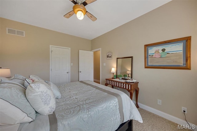 bedroom with carpet flooring, baseboards, and ceiling fan