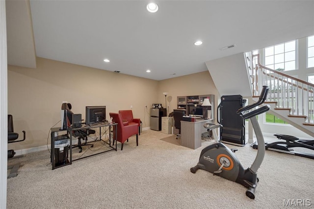workout area with carpet floors, baseboards, and recessed lighting
