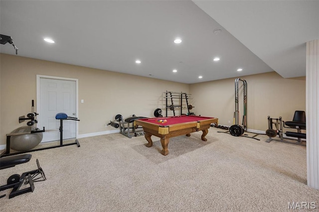 game room with baseboards, carpet flooring, pool table, and recessed lighting