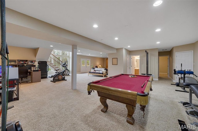 game room with carpet flooring, recessed lighting, billiards table, and baseboards