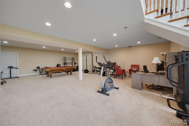 exercise area with carpet floors, billiards, and recessed lighting