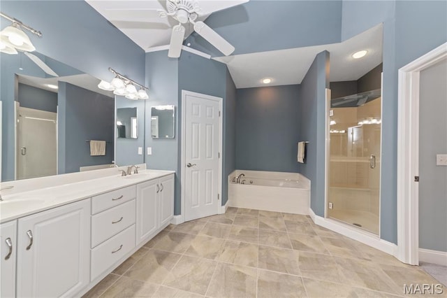 809 Star Ridge Ct, Defiance, MO 63341 - bathroom featuring a stall shower, a garden tub, double vanity, and a ceiling fan