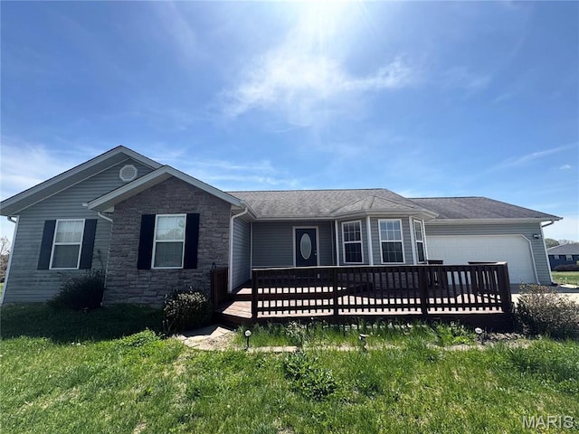 18410 Charity Dr, Dixon, MO 65459 - single story home with a garage, stone siding, driveway, and a front lawn