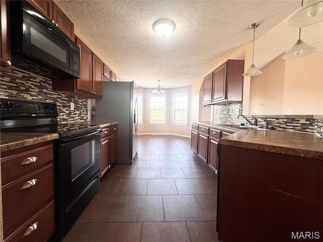 18410 Charity Dr, Dixon, MO 65459 - kitchen with black appliances, dark countertops, decorative backsplash, a sink, and a textured ceiling