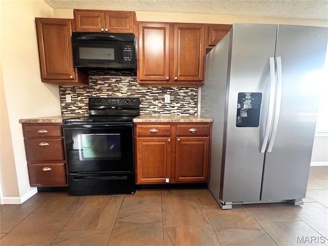 18410 Charity Dr, Dixon, MO 65459 - kitchen with black appliances, backsplash, brown cabinets, and baseboards