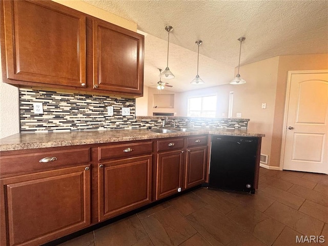 18410 Charity Dr, Dixon, MO 65459 - kitchen featuring black dishwasher, ceiling fan, a sink, backsplash, and a textured ceiling