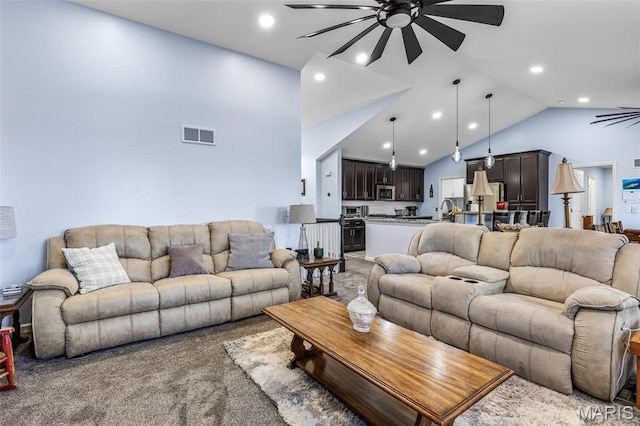 1869 Sunset Rdg, Festus, MO 63028 - living area featuring ceiling fan, high vaulted ceiling, and recessed lighting