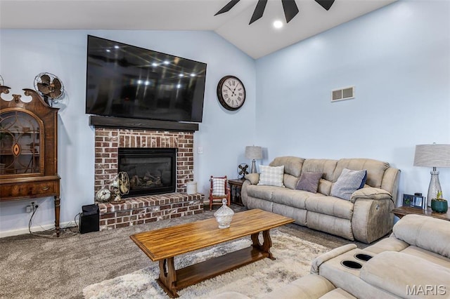 1869 Sunset Rdg, Festus, MO 63028 - living area with ceiling fan, lofted ceiling, a brick fireplace, and carpet flooring