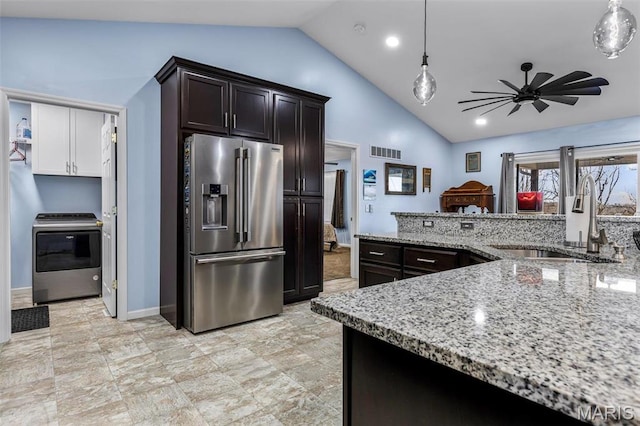 1869 Sunset Rdg, Festus, MO 63028 - kitchen featuring stainless steel fridge with ice dispenser, a sink, vaulted ceiling, light stone counters, and a ceiling fan