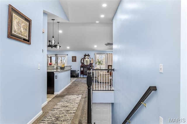 1869 Sunset Rdg, Festus, MO 63028 - corridor featuring an upstairs landing, recessed lighting, carpet flooring, baseboards, and a chandelier