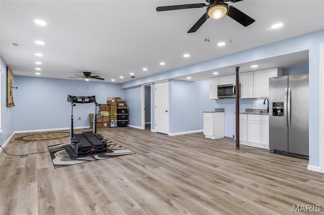 1869 Sunset Rdg, Festus, MO 63028 - exercise area with ceiling fan, light wood-type flooring, baseboards, recessed lighting, and a sink