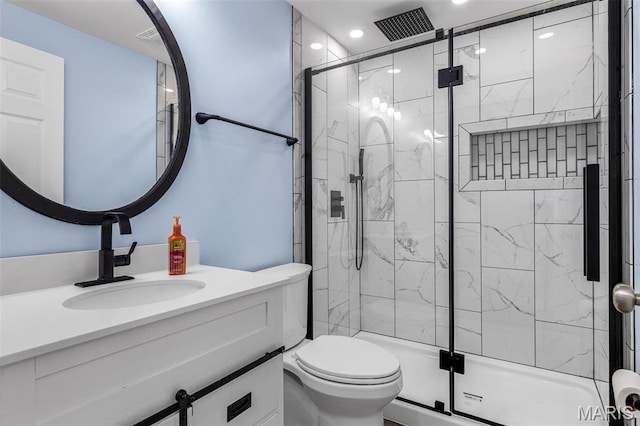 1869 Sunset Rdg, Festus, MO 63028 - bathroom featuring a shower stall, toilet, vanity, and recessed lighting