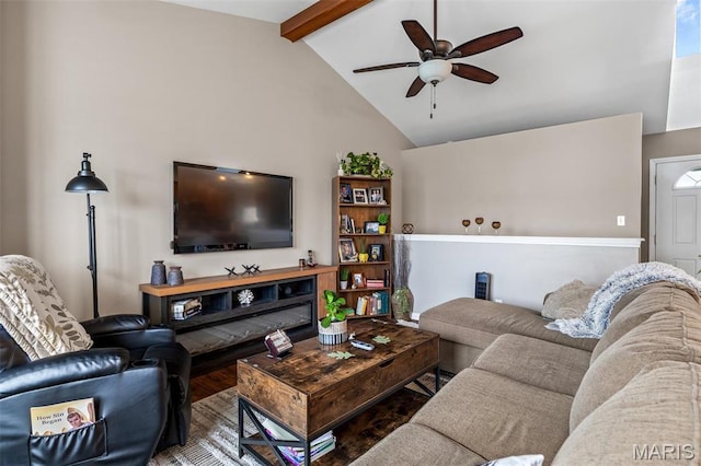 790 Isabella Ct, Farmington, MO 63640 - living area featuring ceiling fan, beam ceiling, wood finished floors, and high vaulted ceiling