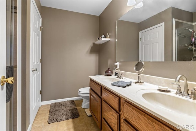 790 Isabella Ct, Farmington, MO 63640 - full bathroom with tile patterned floors, a stall shower, toilet, double vanity, and baseboards