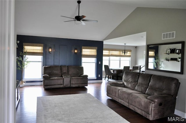 869 Destiny Dr, Villa Ridge, MO 63089 - living room featuring high vaulted ceiling, a ceiling fan, dark wood finished floors, and baseboards