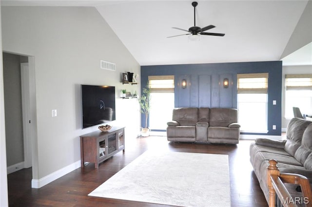 869 Destiny Dr, Villa Ridge, MO 63089 - living area with a ceiling fan, high vaulted ceiling, dark wood finished floors, and baseboards