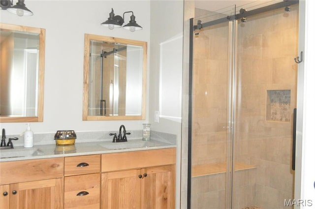 869 Destiny Dr, Villa Ridge, MO 63089 - bathroom featuring a stall shower and double vanity