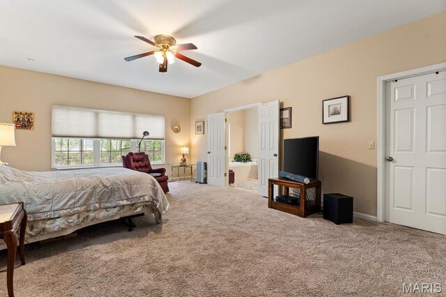 1029 Stonybrook Dr, Ofallon, IL 62269 - bedroom with carpet flooring, a ceiling fan, and ensuite bath