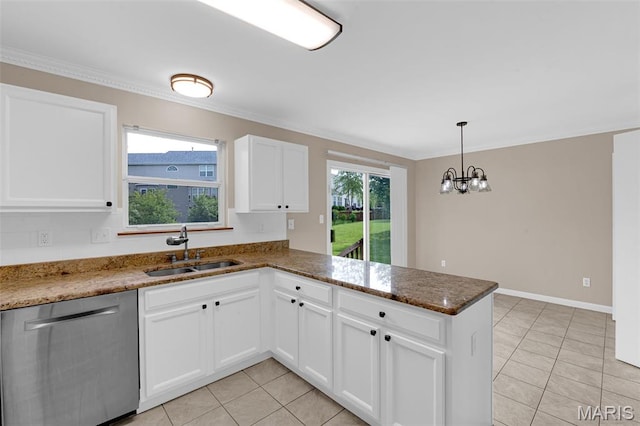 7 Park City Ct, Ofallon, MO 63368 - kitchen featuring stainless steel dishwasher, a sink, a peninsula, light tile patterned floors, and crown molding