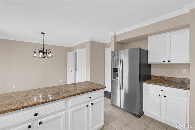 7 Park City Ct, Ofallon, MO 63368 - kitchen with stainless steel refrigerator with ice dispenser, white cabinetry, dark stone counters, a chandelier, and crown molding