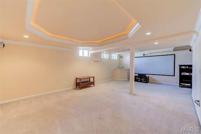 7 Park City Ct, Ofallon, MO 63368 - home theater with ornamental molding, light carpet, a raised ceiling, recessed lighting, and baseboards