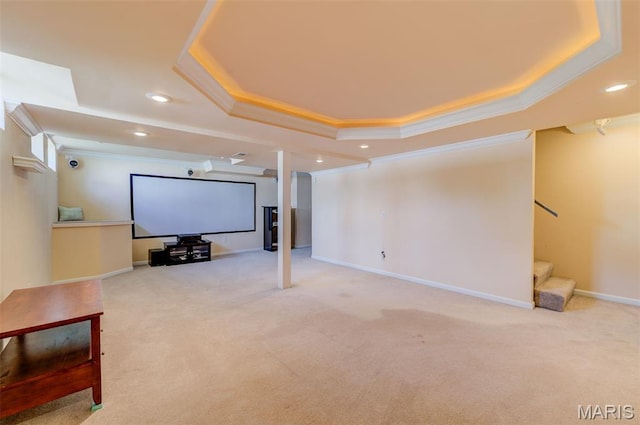 7 Park City Ct, Ofallon, MO 63368 - carpeted cinema room with a tray ceiling, ornamental molding, recessed lighting, and baseboards