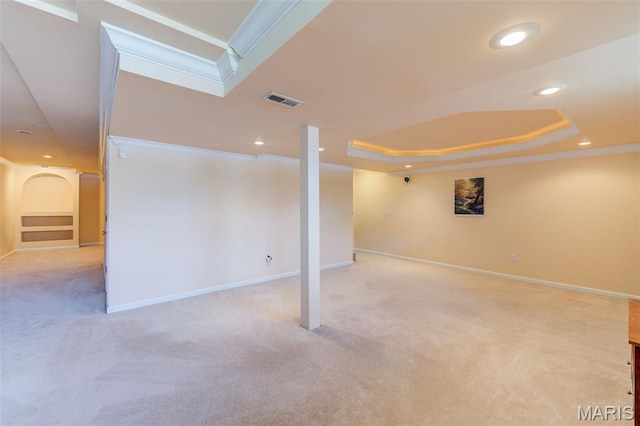 7 Park City Ct, Ofallon, MO 63368 - basement with ornamental molding, light colored carpet, recessed lighting, and baseboards