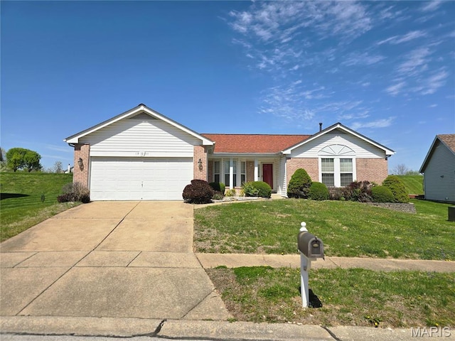 ranch-style home with brick siding, driveway, a garage, and a front yard