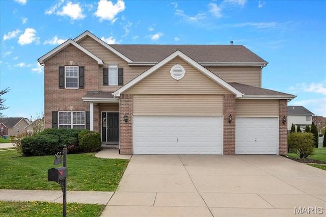 traditional-style home with brick siding, concrete driveway, a front yard, an attached garage, and a shingled roof