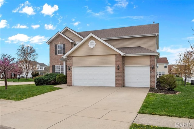 traditional-style home with driveway, brick siding, and a garage