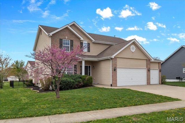 view of front of property featuring brick siding, driveway, a garage, and a shingled roof