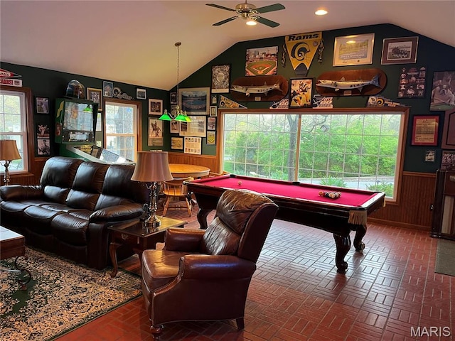 1843 Manor Hill Rd, Saint Louis, MO 63131 - playroom with vaulted ceiling, pool table, a wainscoted wall, ceiling fan, and wood walls