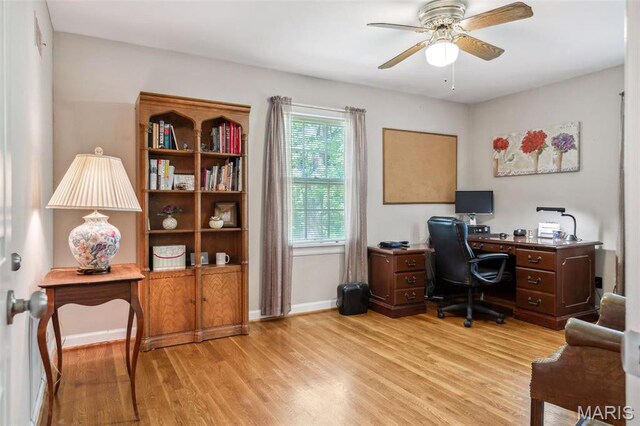 1843 Manor Hill Rd, Saint Louis, MO 63131 - office with light wood-type flooring, ceiling fan, and baseboards