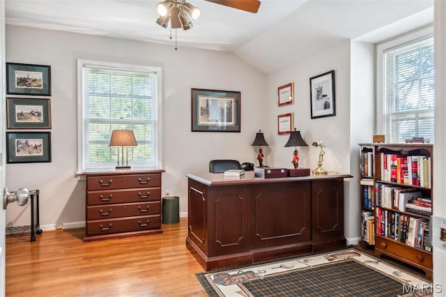 1843 Manor Hill Rd, Saint Louis, MO 63131 - office area with a ceiling fan, light wood-style flooring, lofted ceiling, and baseboards