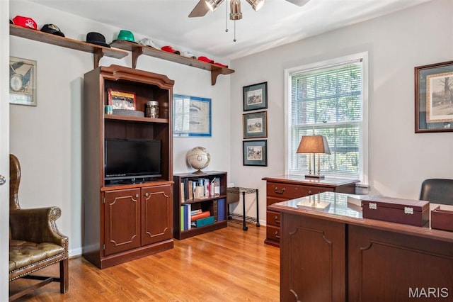 1843 Manor Hill Rd, Saint Louis, MO 63131 - office space featuring ceiling fan, light wood finished floors, and baseboards