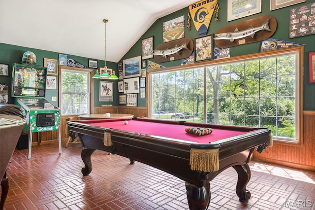 1843 Manor Hill Rd, Saint Louis, MO 63131 - playroom featuring billiards table, vaulted ceiling, brick flooring, wood walls, and a wainscoted wall
