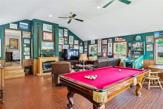 1843 Manor Hill Rd, Saint Louis, MO 63131 - recreation room with a ceiling fan, brick patterned floors, lofted ceiling, a wainscoted wall, and billiards table