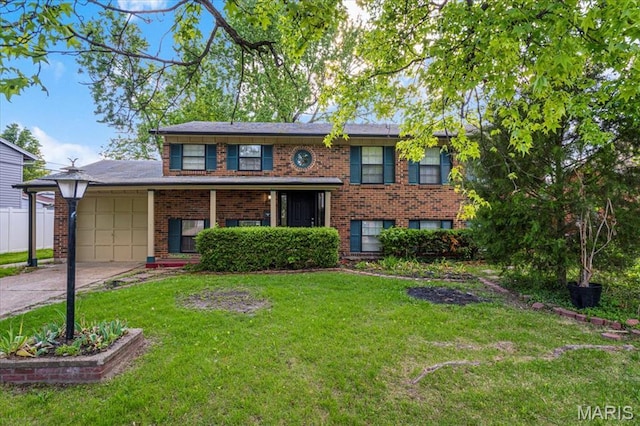 2145 Glenoro Dr, Florissant, MO 63033 - view of front of house featuring an attached garage, brick siding, a front yard, and concrete driveway
