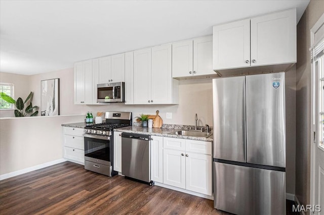 2145 Glenoro Dr, Florissant, MO 63033 - kitchen featuring appliances with stainless steel finishes, a sink, dark wood-style floors, white cabinetry, and baseboards
