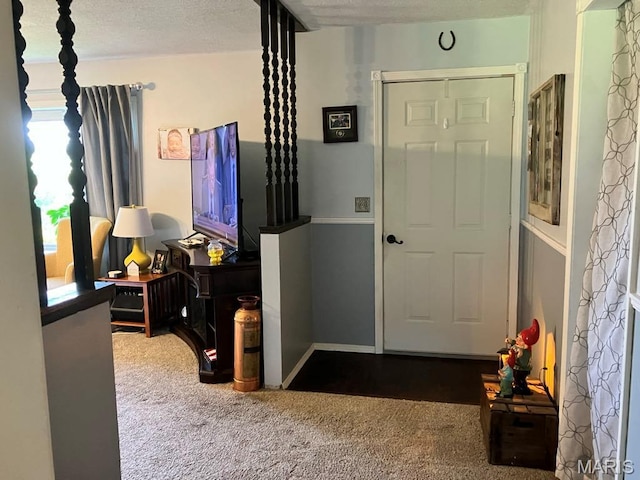 foyer entrance featuring carpet flooring